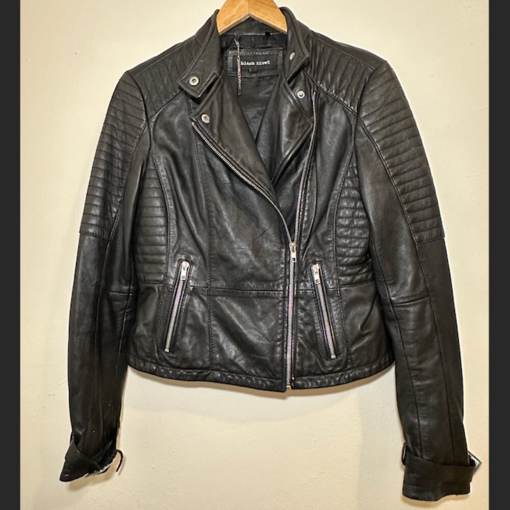 Black Rivet Black Leather Motto Biker Jacket